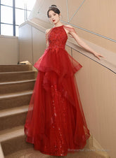 Chic Red Tulle Halter A-Line Long Evening Dress, Tulle Prom Dress Party Dress